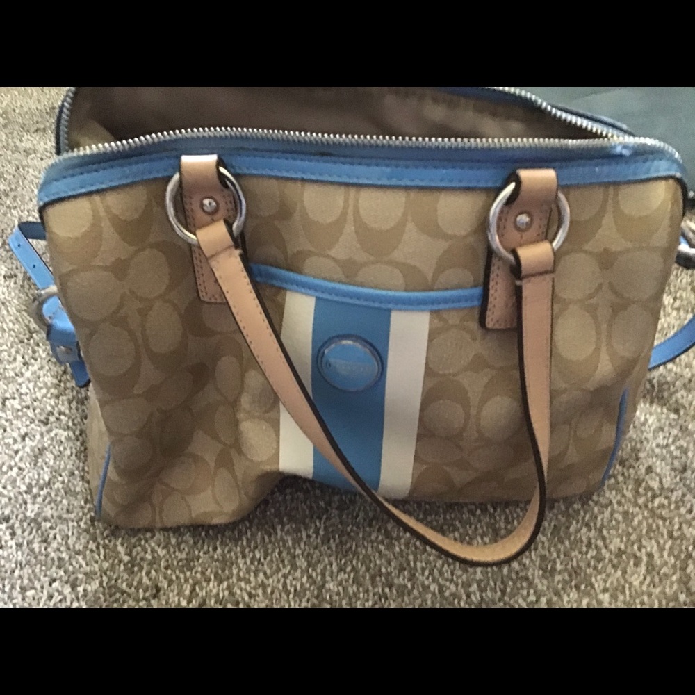 Blue, White, and Tan Coach Leather Shoulder Bag